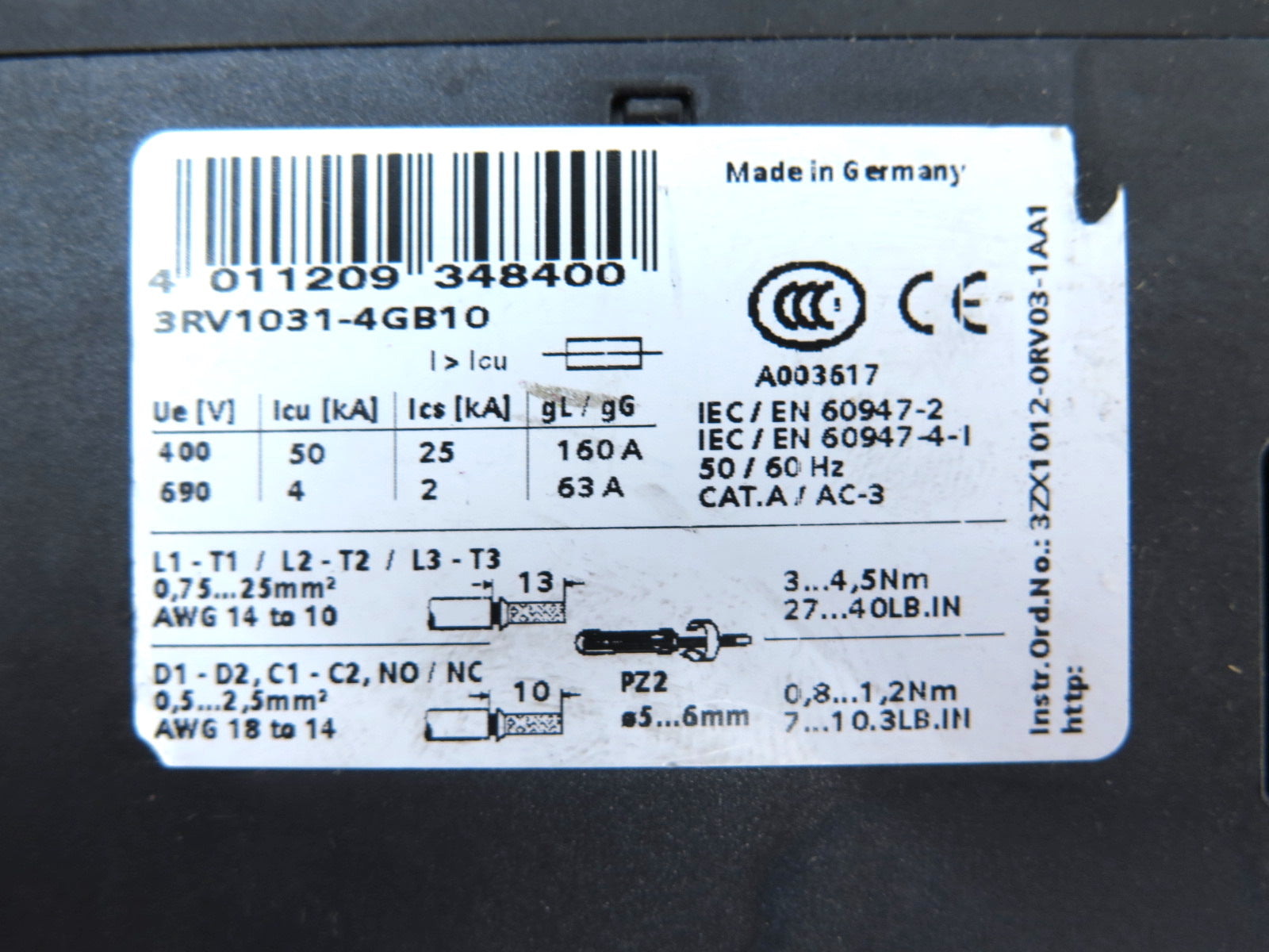 Siemens 3RV1031-4GB10 Molded Case Circuit Breaker - Advance Operations