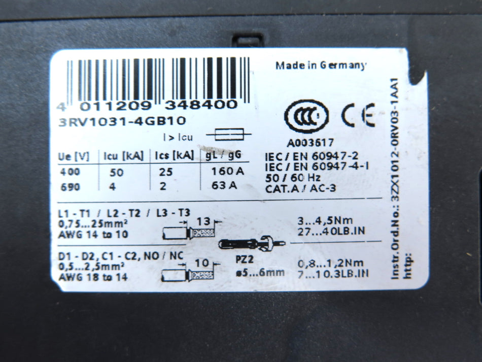 Siemens 3RV1031-4GB10 Molded Case Circuit Breaker - Advance Operations