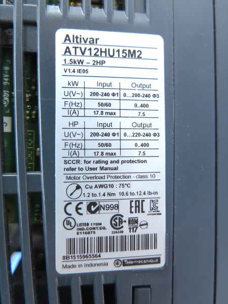 Schneider ATV12HU15M2 Altivar 1.5kW 2HP 200-240V AC Inverter Drive - Advance Operations