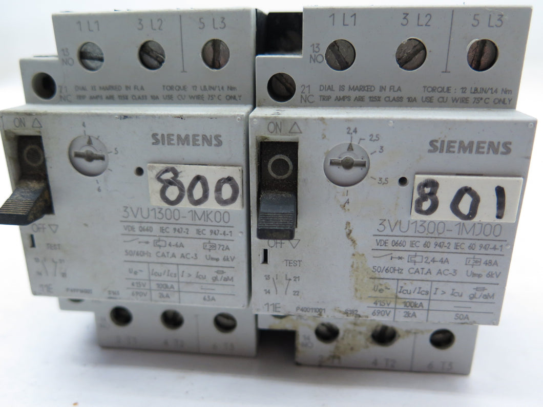 Siemens 3VU1300-1MJ00 + 3VU1300-1MK00 Breaker + Motor Starter