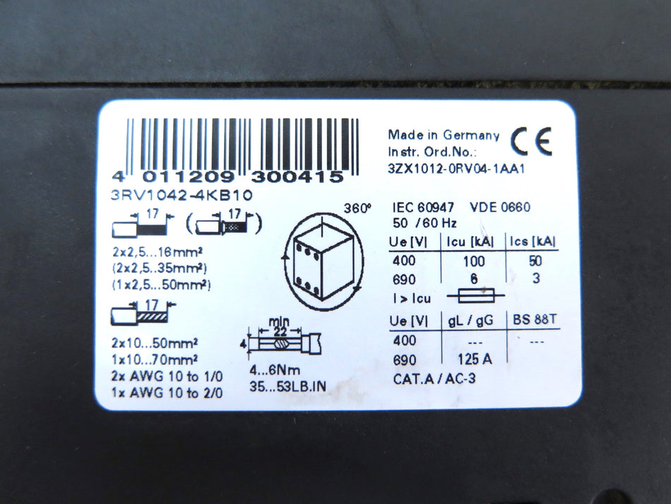 Siemens 3RV1042-4KB10 Motor Starter Protector Adjustable Circuit Breaker - Advance Operations