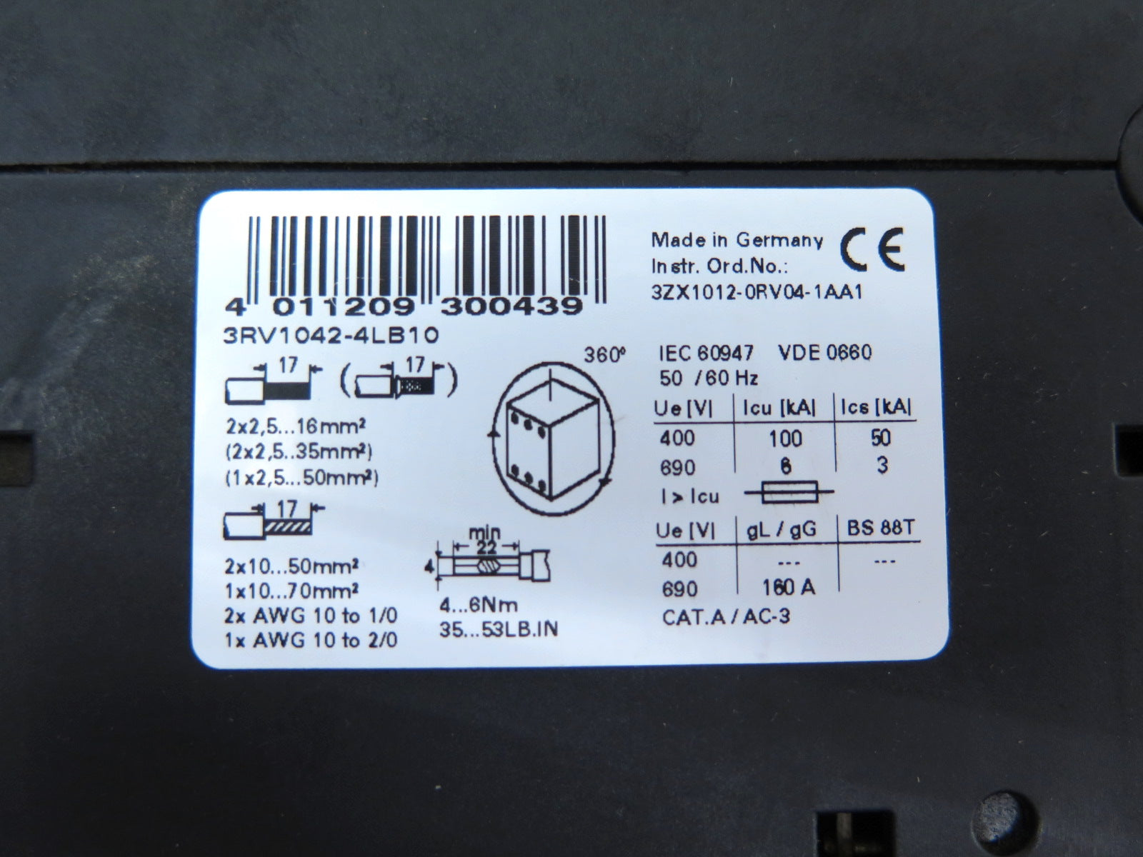 Siemens 3RV1042-4LB10 Motor Starter Circuit Breaker Contactor - Advance Operations