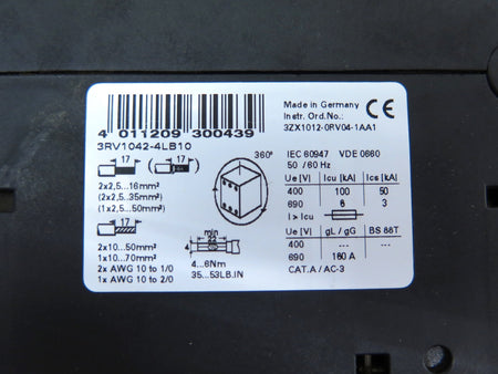 Siemens 3RV1042-4LB10 Motor Starter Circuit Breaker Contactor - Advance Operations