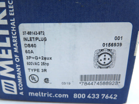 Meltric 37-68143-972 Inlet/Plug DS60 60A 600VAC 25hp Typre 3R - Advance Operations