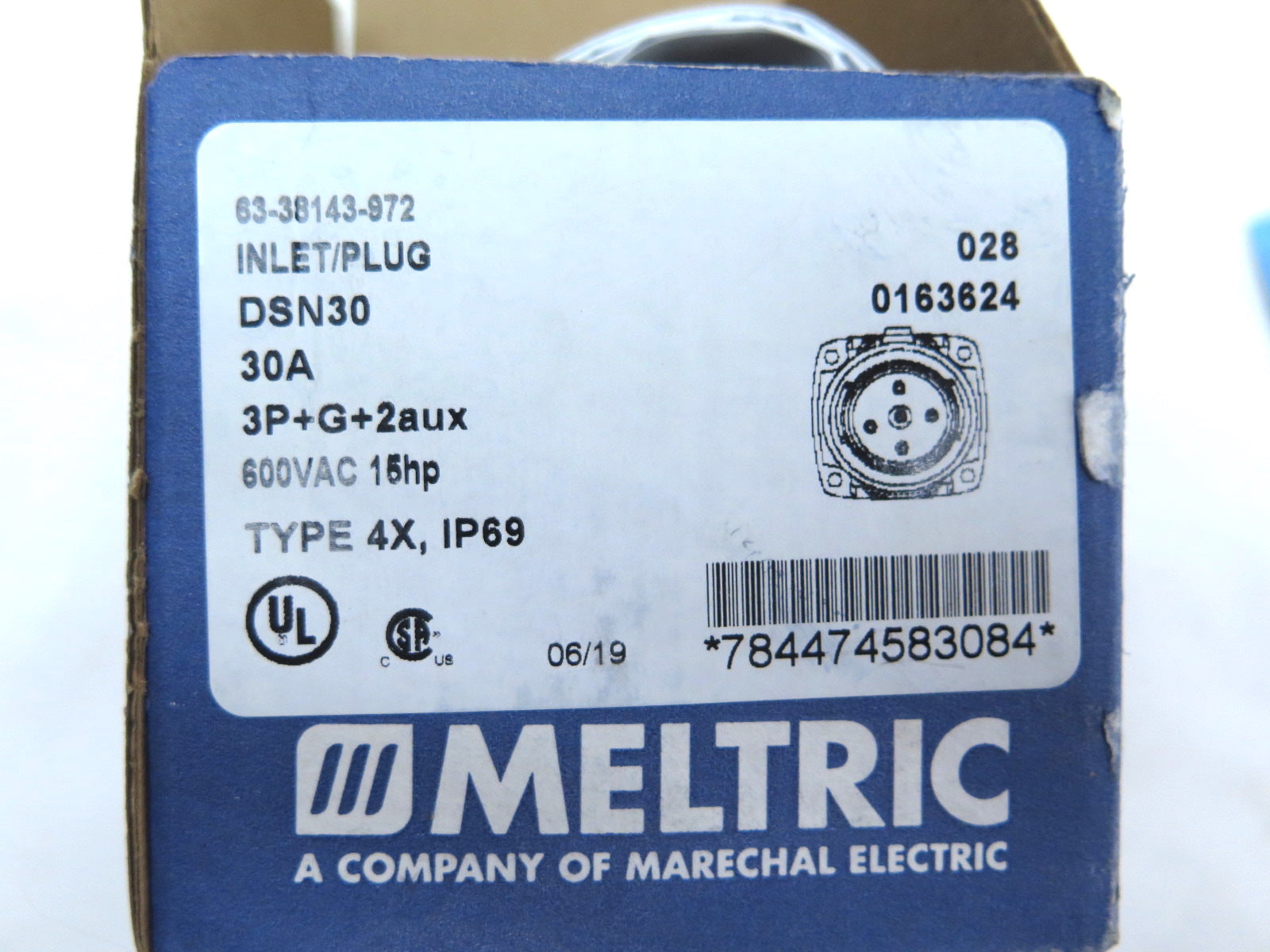 Meltric 63-38143-972 Inlet Plug DSN30 30A 600VAC 15hp Type 4X - Advance Operations