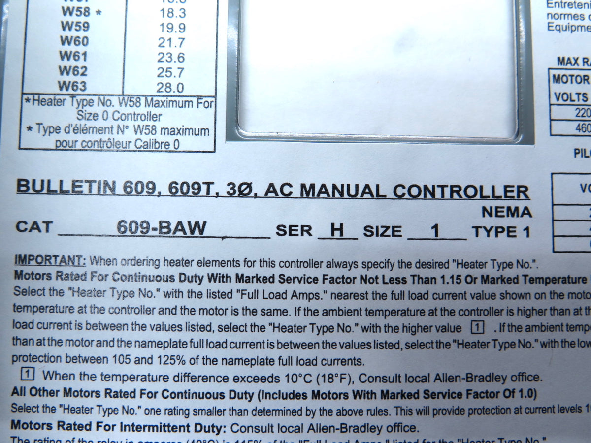 Allen-Bradley 609-BAW Manuel Starter Ser.G  3 phase Size 1 Nema CAL 1 - Advance Operations
