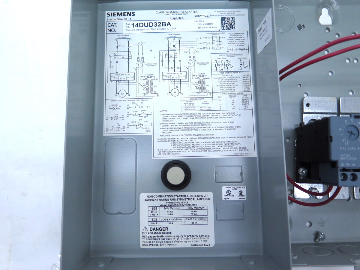 Siemens 14DUD32BA Magnetic Motor Starter NEMA 1 - Advance Operations