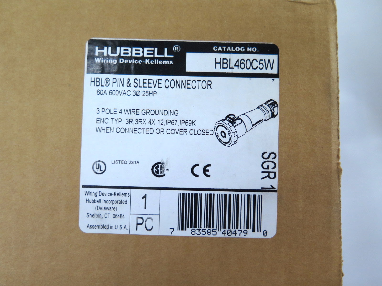 Hubbell HBL460C5W Pin & Sleeve Connector 600VAC 60A - Advance Operations