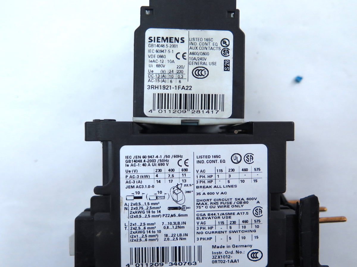 Siemens 3RT1025-1A Contactor With Auxiliary Contact Block - Advance Operations