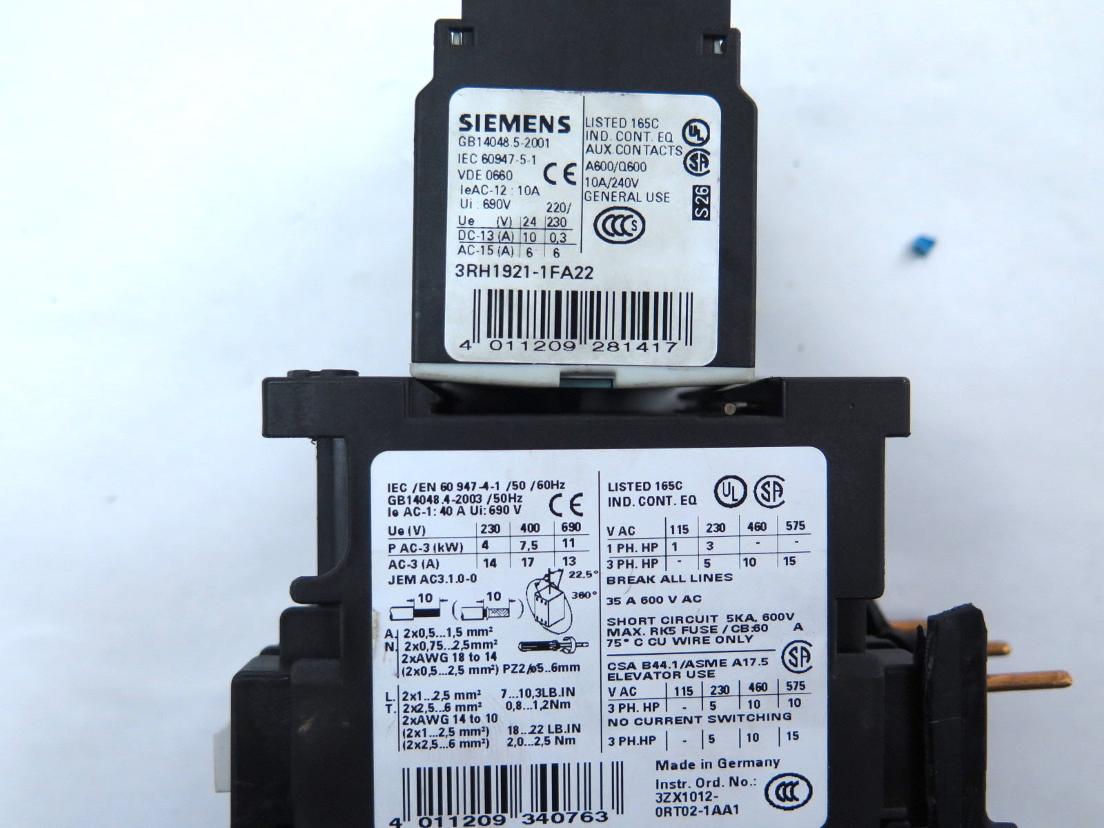 Siemens 3RT1025-1A Contactor With Auxiliary Contact Block - Advance Operations