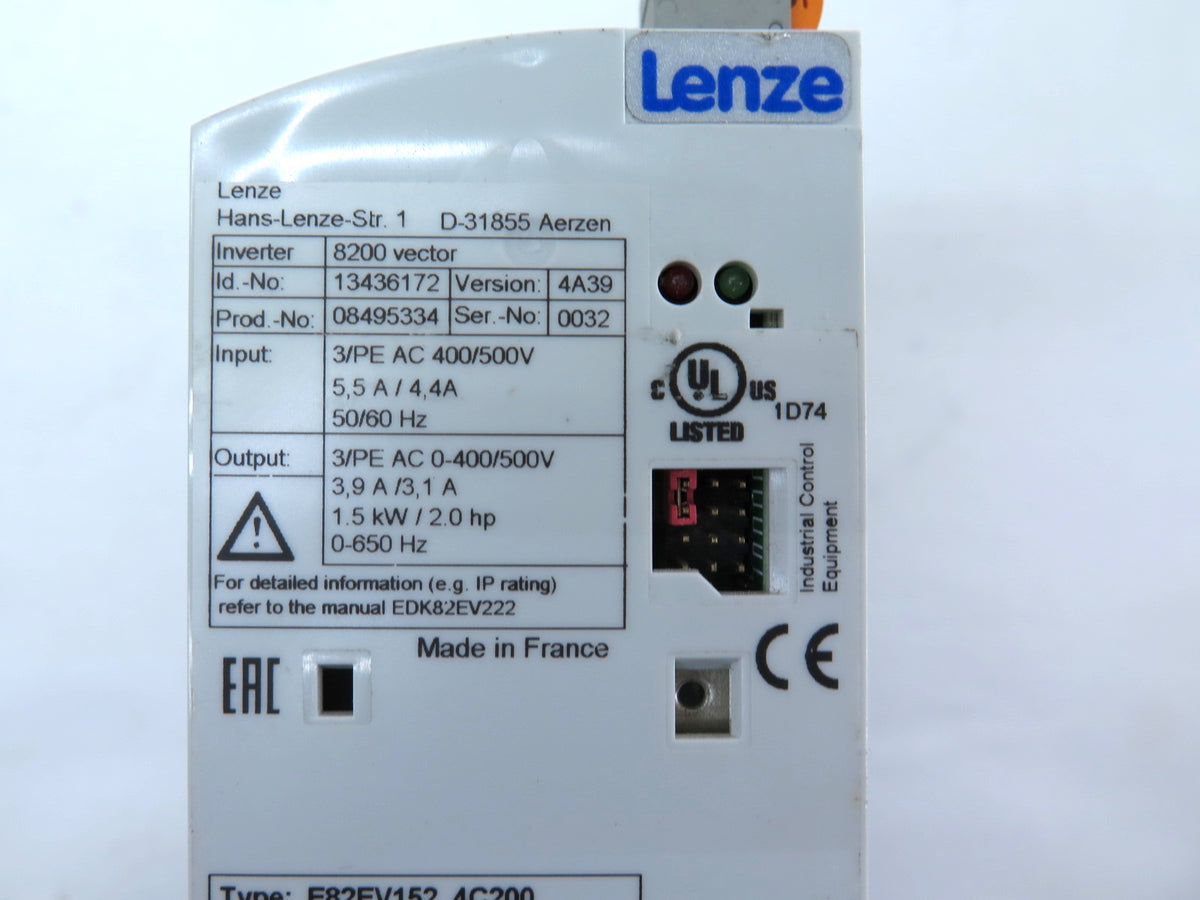 Lenze E82EV152-4C200 Inverter Drive Ver.4A39 1.5kW 2HP 0-400/500V - Advance Operations