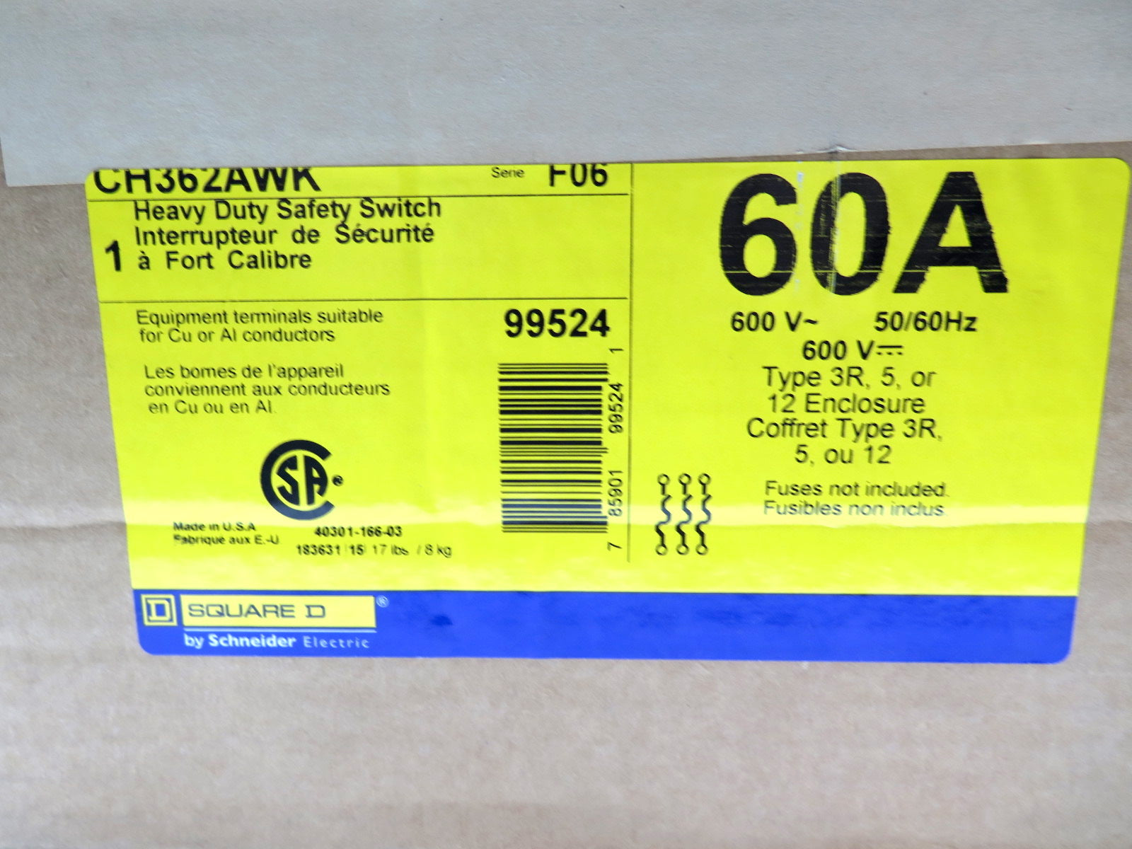Square D CH362AWK Heavy Duty Safety Switch 600V 60A - Advance Operations