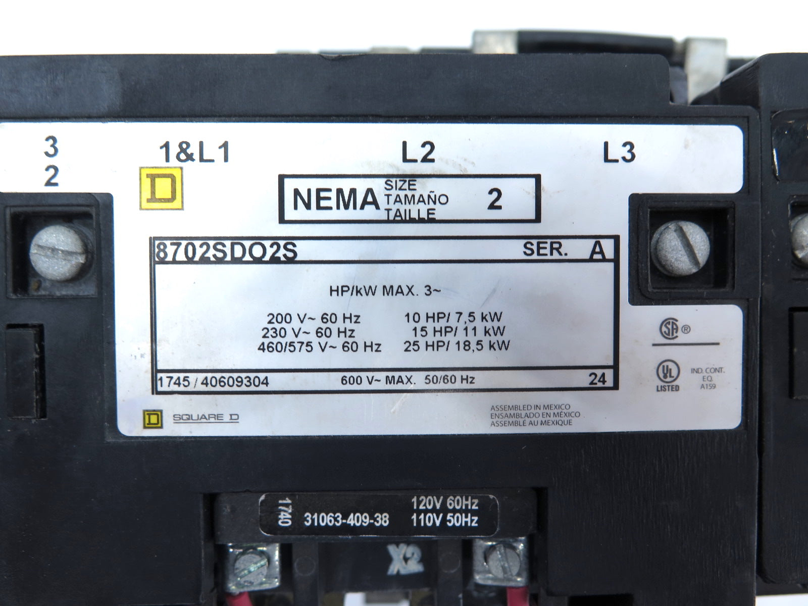 Square D 8702SD02S Reversing Contactor Size.2 Ser.A 600V MAX 25HP - Advance Operations