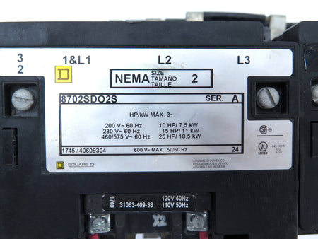 Square D 8702SD02S Reversing Contactor Size.2 Ser.A 600V MAX 25HP - Advance Operations