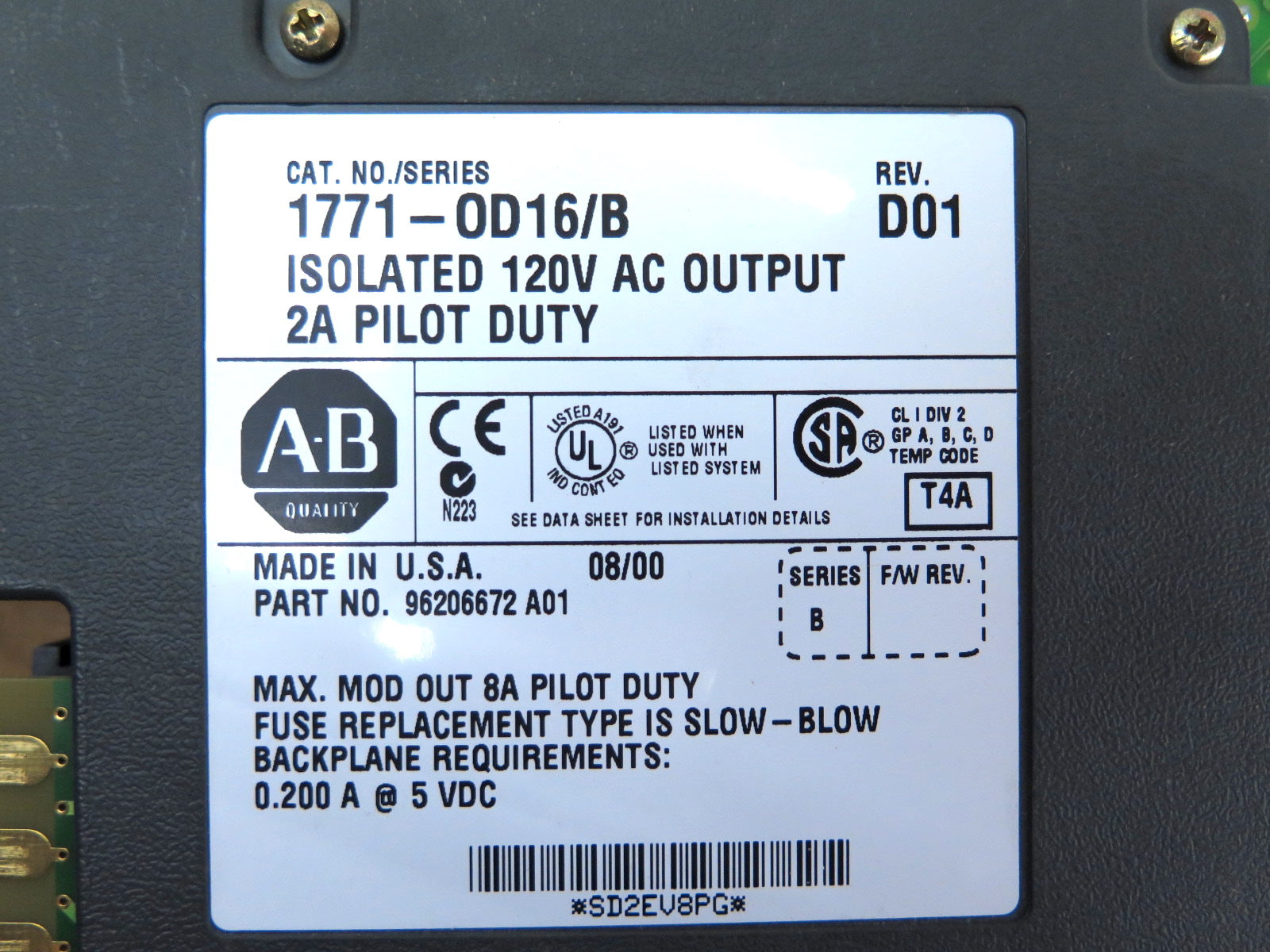 Allen-Bradley 1771-0D16 Isolated 120V AC Output 2A Pilot Duty Ser.B - Advance Operations