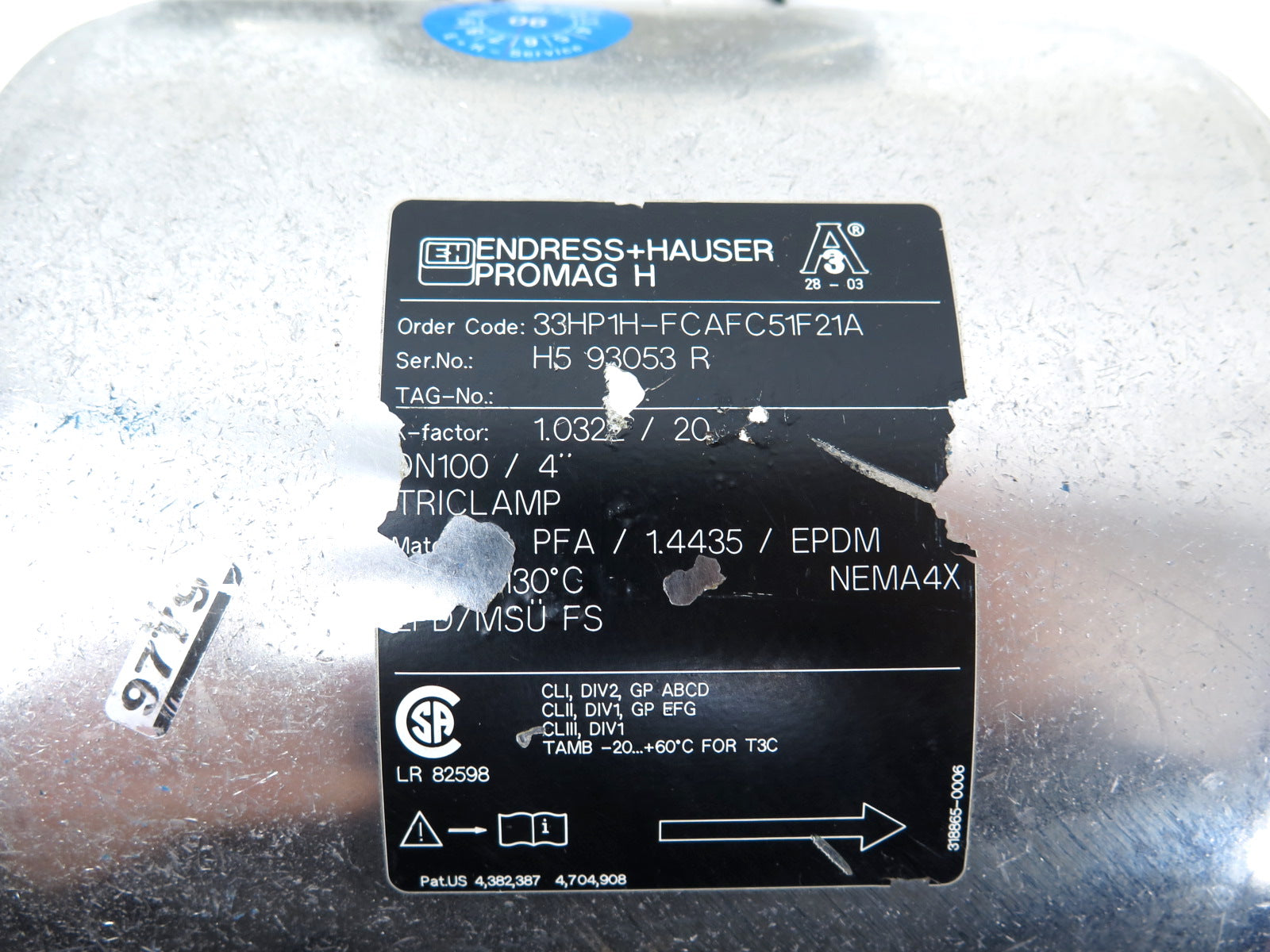Endress + Hauser 33HP1H-FCAFC51F21A Tri-Clamp Flow Meter **No Clamp** - Advance Operations