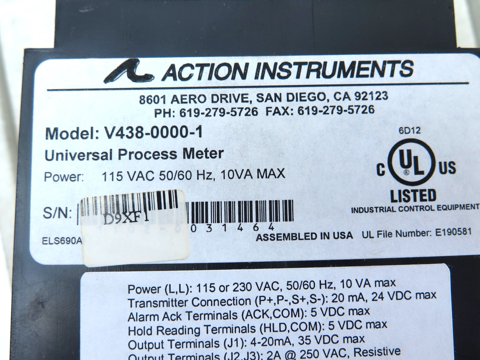 Action Instruments V438-0000-1 Universal Process Meter 115VAC - Advance Operations