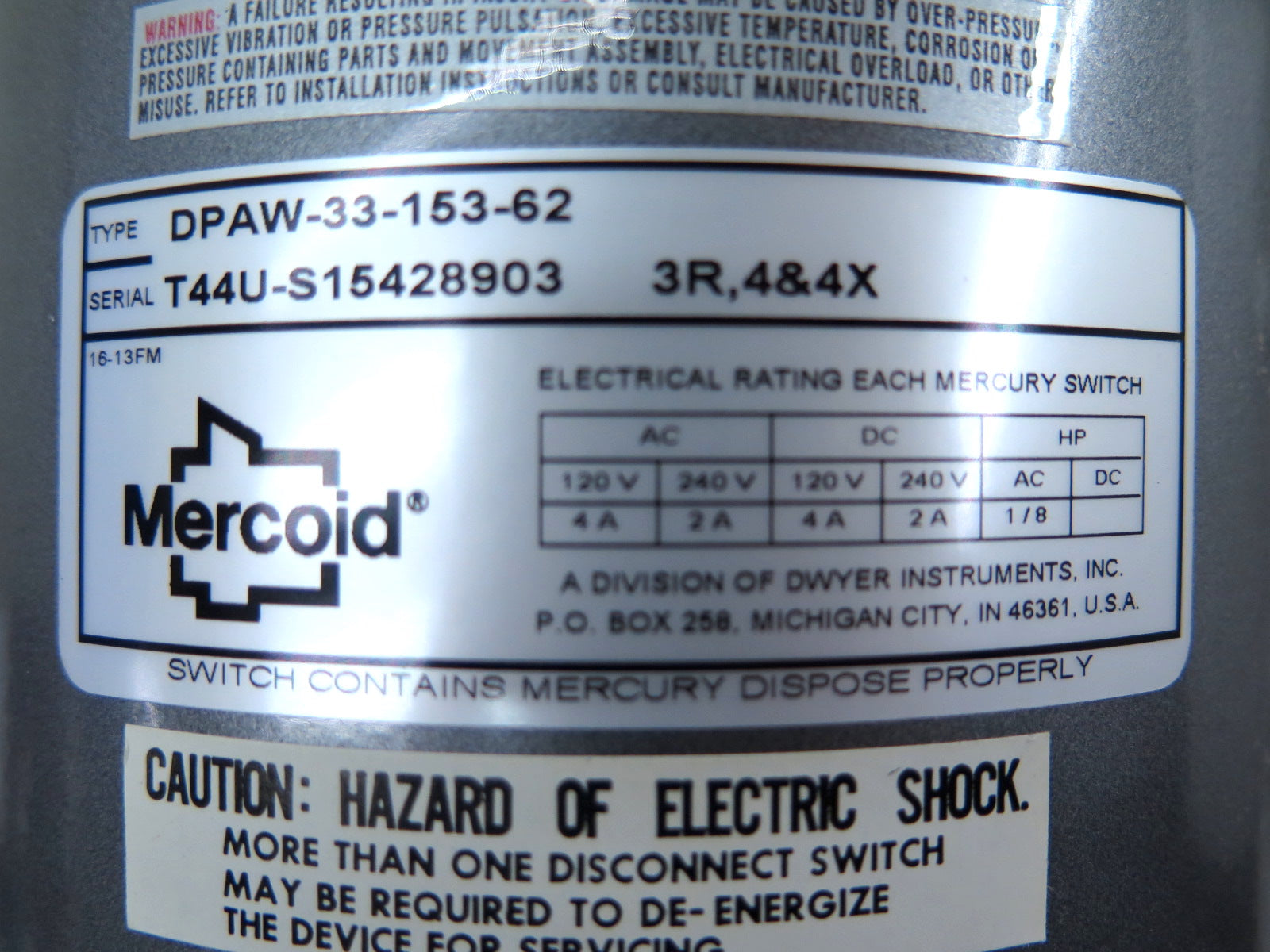 Mercoid DPAW-33-153-62 Control Differential Pressure Switch - Advance Operations