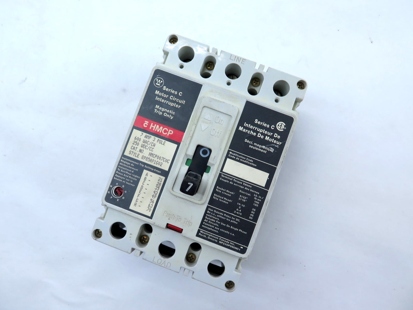 Westinghouse HMCP007C0C 3-Pole Circuit Breaker 7AMP 600VAC - Advance Operations