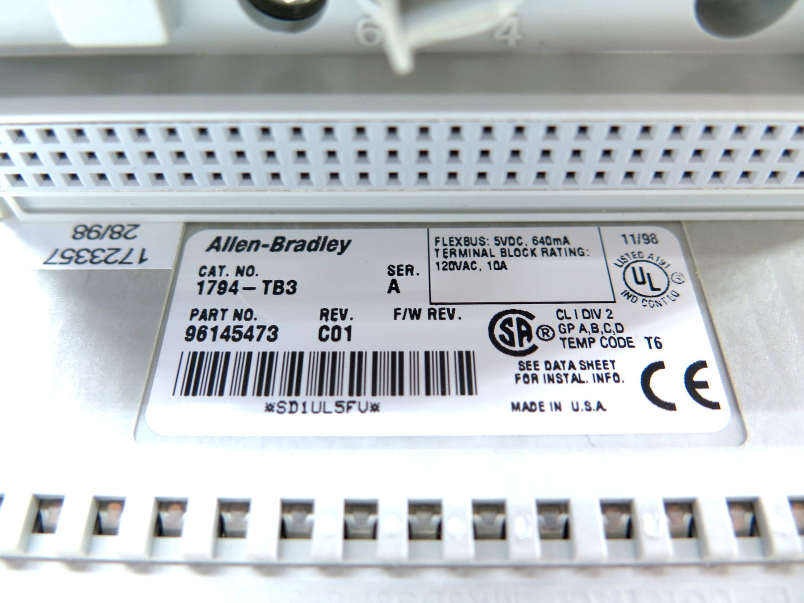 Allen-Bradley 1794-TB3 Flexbus 5VDC 640mA Terminal Block 120VAC 10A - Advance Operations