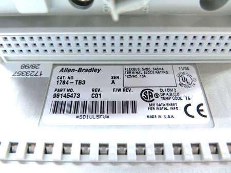 Allen-Bradley 1794-TB3 Flexbus 5VDC 640mA Terminal Block 120VAC 10A - Advance Operations