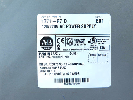Allen-Bradley 1771-P7 Power Supply 120/220V AC Ser.D - Advance Operations
