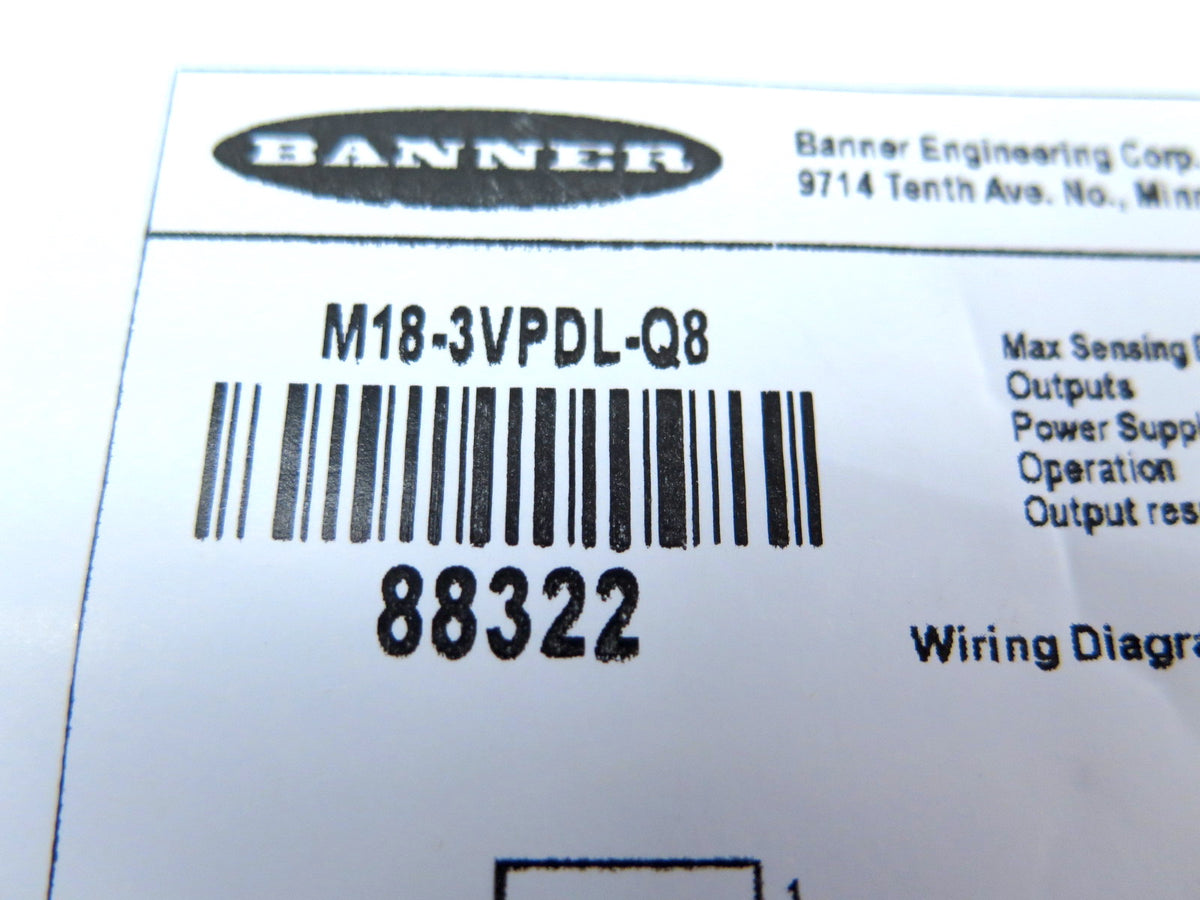 Banner M18-3VPDL-Q8 88322 Metal Barrel Mount Sensor - Advance Operations