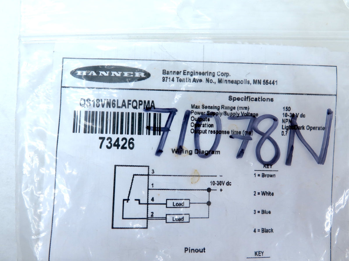 Banner QS18VN6LAFQPMA 73426 World-Beam Photoelectric Sensor - Advance Operations