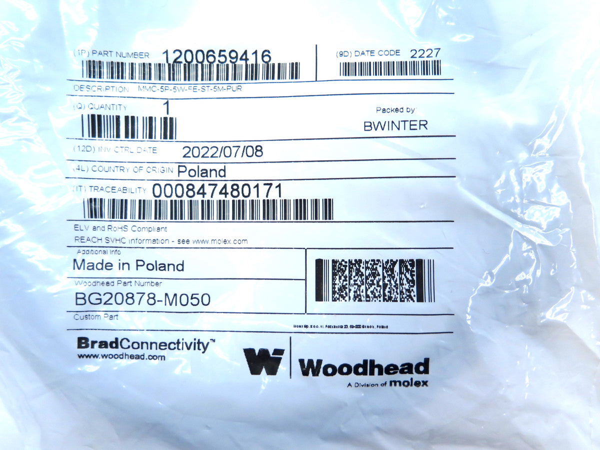 Woodhead BG20878-M050 Cordset Cable 5M - Advance Operations