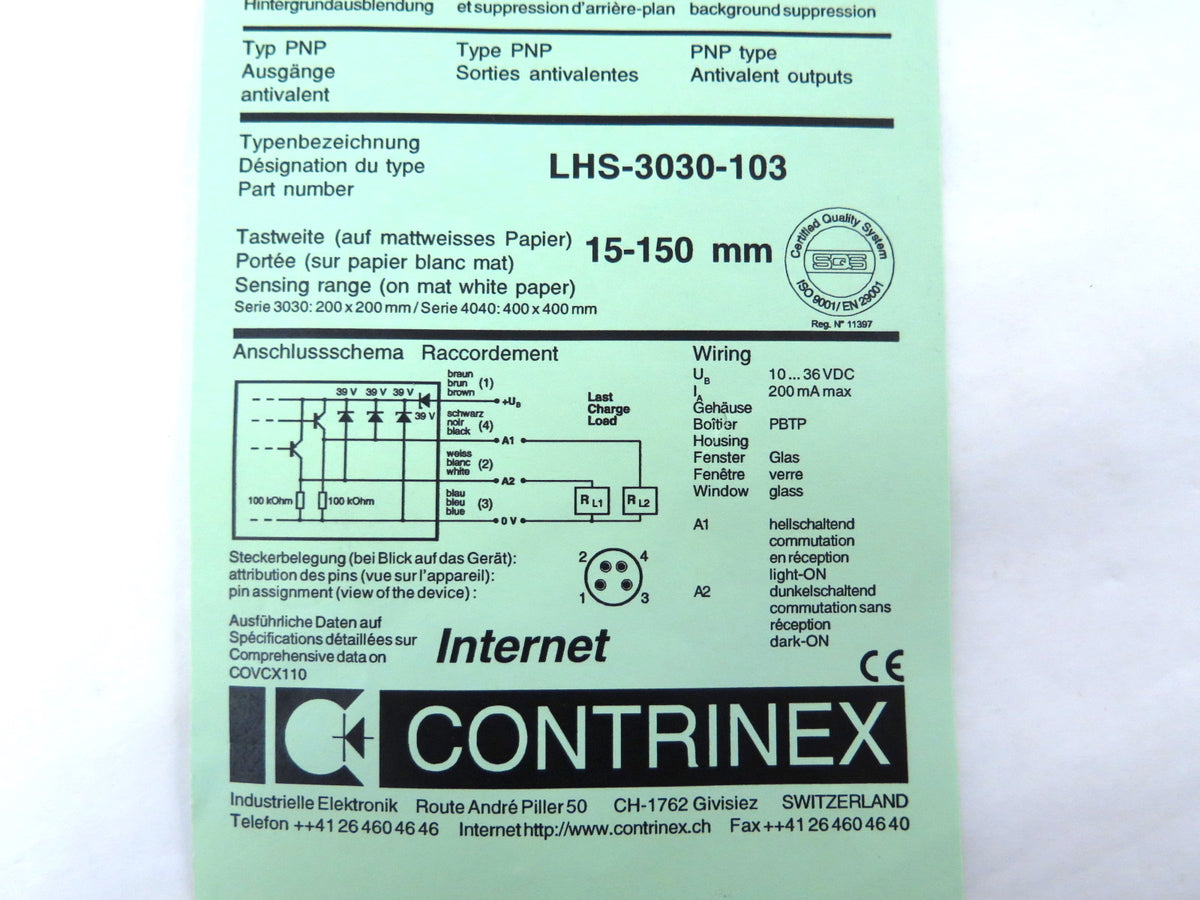 Contrinex LHS-3030-103 Diffuse Sensor Switch - Advance Operations