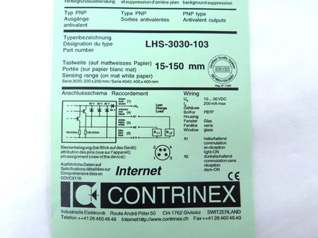 Contrinex LHS-3030-103 Diffuse Sensor Switch - Advance Operations