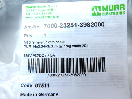 Murr Elektronik Cable-20M-TQM M23 Female 0 Degree With Cable - Advance Operations
