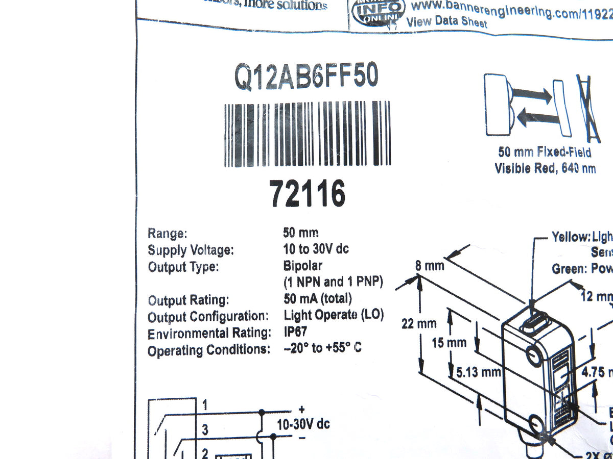 Banner Q12AB6FF50 72116 World-Beam Self-Contained Sensor - Advance Operations
