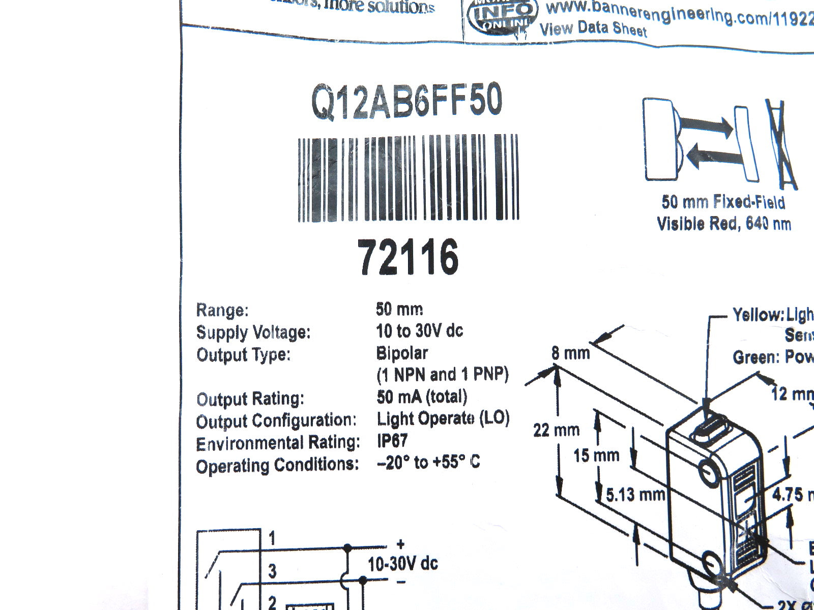 Banner Q12AB6FF50 72116 World-Beam Self-Contained Sensor - Advance Operations