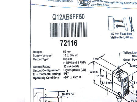 Banner Q12AB6FF50 72116 World-Beam Self-Contained Sensor - Advance Operations