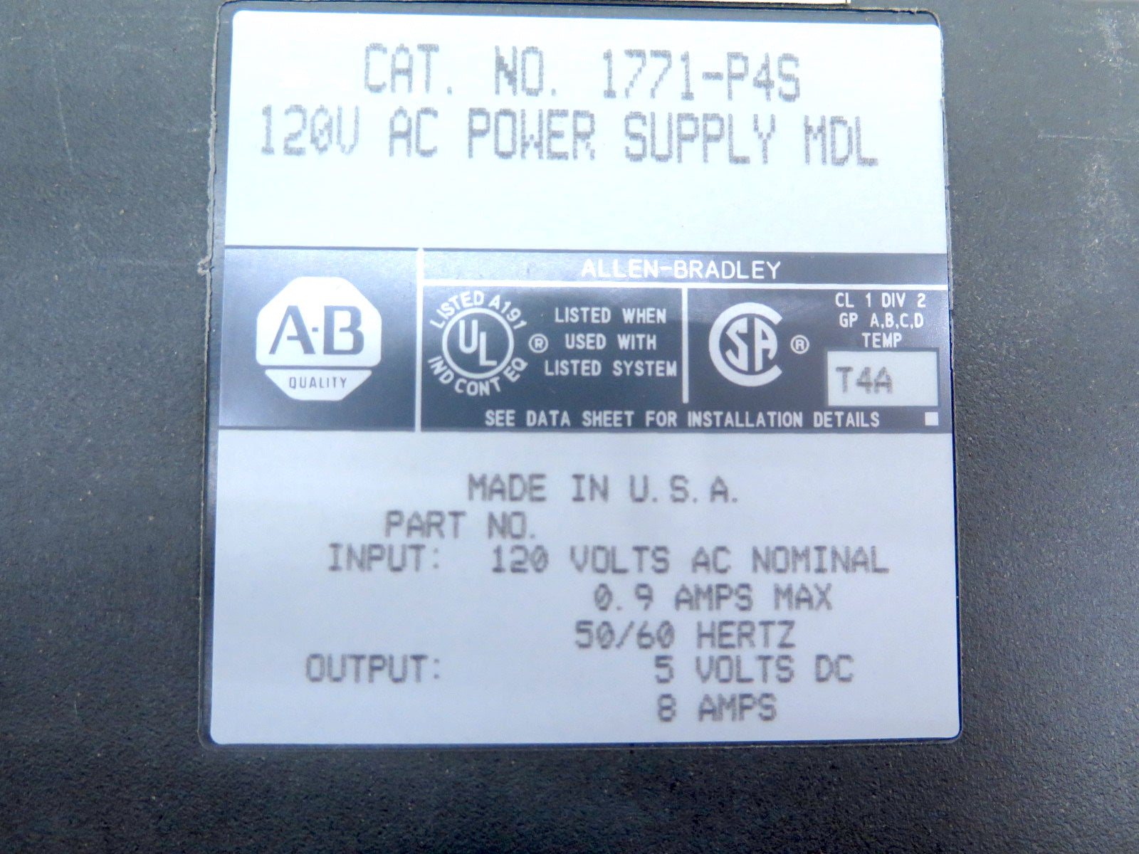Allen-Bradley 1771-P4S 120VAC Power Supply MDL - Advance Operations