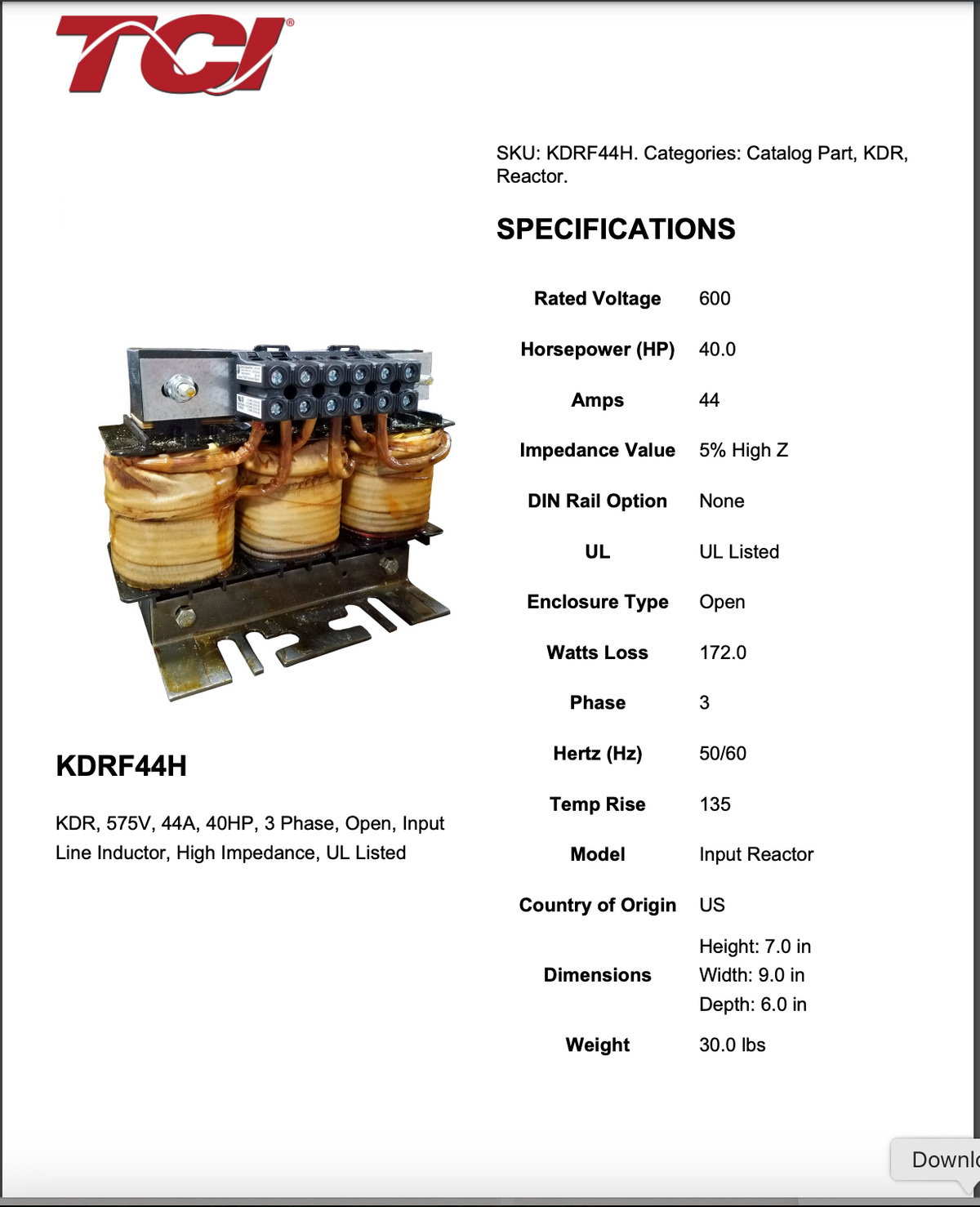 TCI Transfab TMS KDRF44H Line Reactor 41A 3 Phase 600V max - Advance Operations