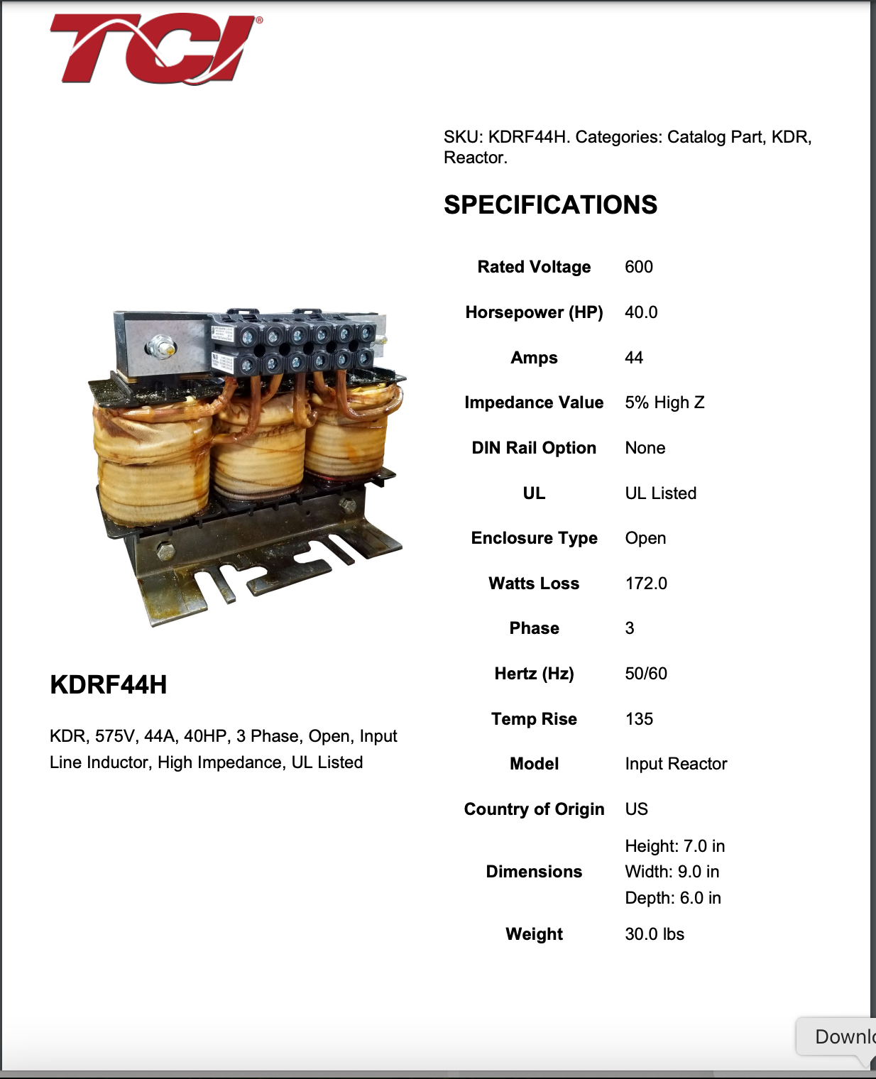 TCI Transfab TMS KDRF44H Line Reactor 41A 3 Phase 600V max - Advance Operations