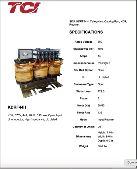TCI Transfab TMS KDRF44H Line Reactor 41A 3 Phase 600V max - Advance Operations
