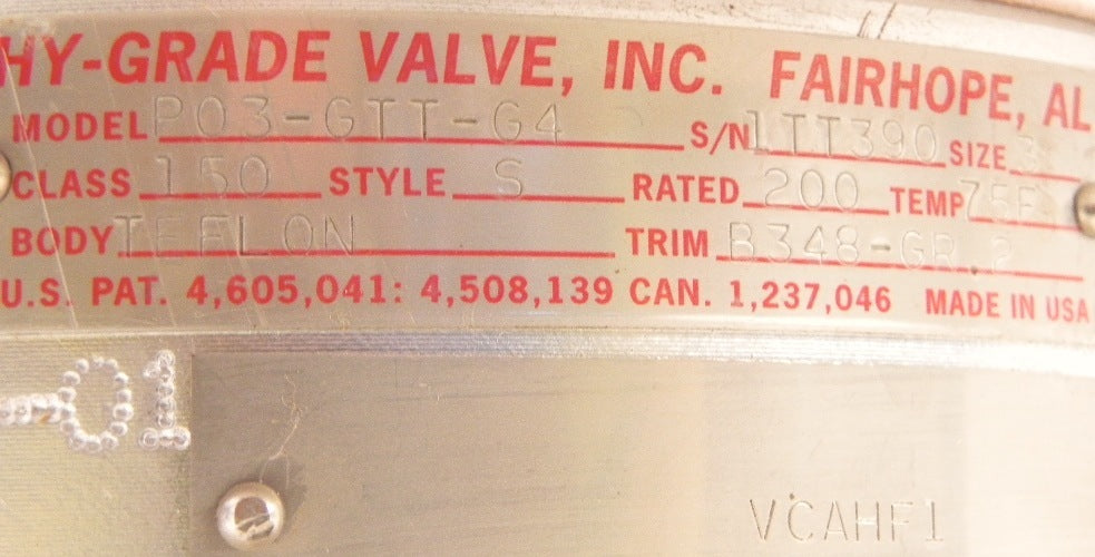 Hy-Grade PTFE Teflon Check Valve P-GTT-G4 3" For Corrosive Application - Advance Operations
