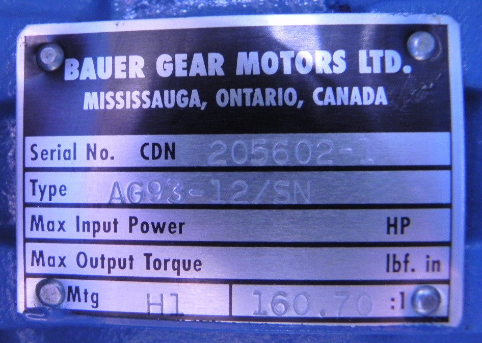 Bauer Gear Motors  Speed Reducer / Gearbox AG93-12/SN Ratio 160.7 / 1 - Advance Operations