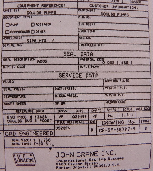 John Crane Mechanical Seal Type 20R 1-3/4" - Advance Operations