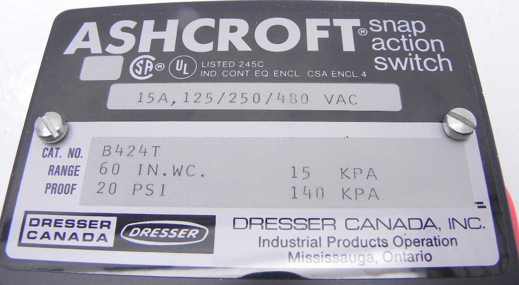 Ashcroft Snap Action Pressure Switch B424T XC8 60" WC - Advance Operations