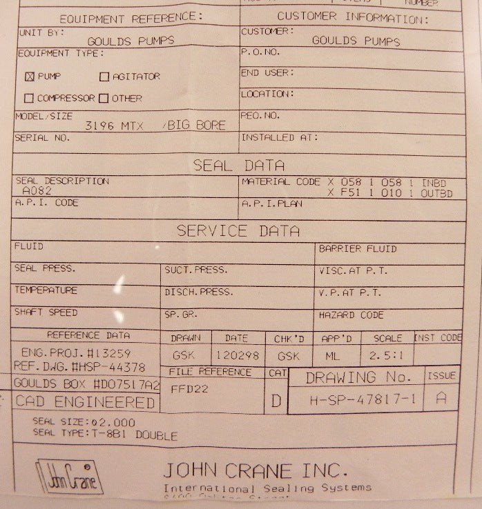 John Crane Mechanical Seal Type 8B1 DBL  2" - Advance Operations