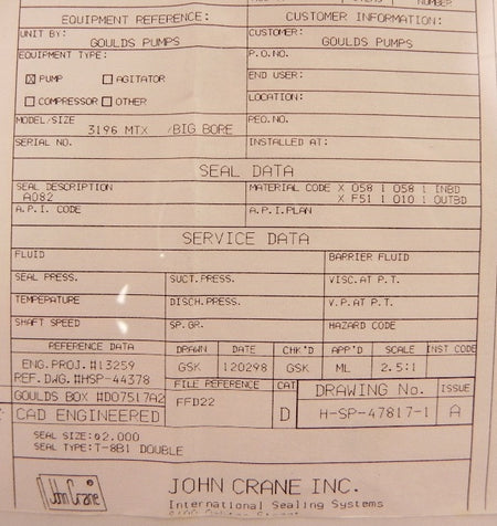 John Crane Mechanical Seal Type 8B1 DBL  2" - Advance Operations