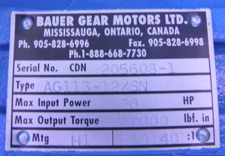 Bauer Gear Motor Speed Reducer / Gearbox  AG113-12/SN Ratio 249.4 / 1 - Advance Operations