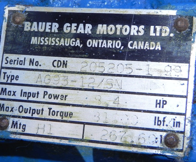 Bauer Gear Motor Speed Reducer /Gearbox AG93-12/SN Ratio 267.6 / 1 - Advance Operations