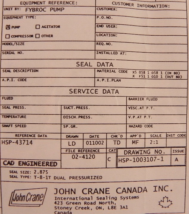 John Crane Mechanical Seal Type 81T DBL 2-7/8" - Advance Operations