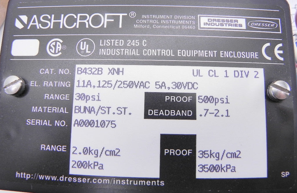 Ashcroft Pressure Switch B432B XNH 30 psi - Advance Operations