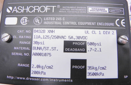 Ashcroft Pressure Switch B432B XNH 30 psi - Advance Operations